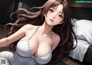 Anime girl in a pink bikini standing in front of a door.