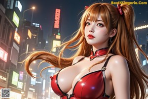 A woman in a red cat suit standing in the middle of a city.