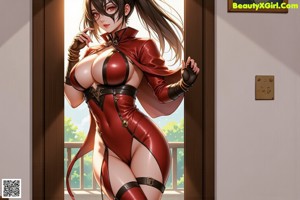 A woman dressed as a demon with horns and wings standing in front of a pole.