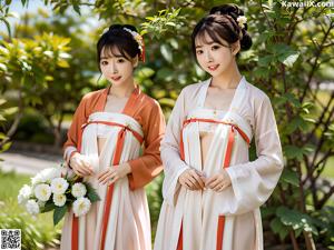 A young girl wearing a pink and blue hanbok.
