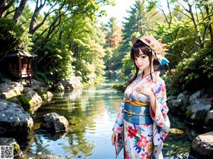 A woman in a blue kimono standing in front of a door.