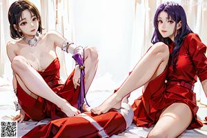 A couple of women standing next to each other in a room.