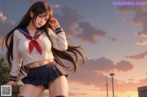 A woman in a school uniform sitting on a bed.