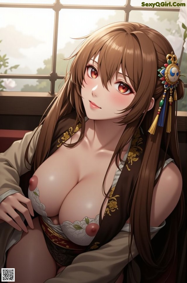 A woman with long brown hair sitting in front of a window.