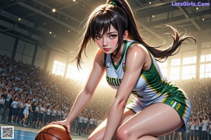 A woman in a blue and yellow uniform playing basketball.
