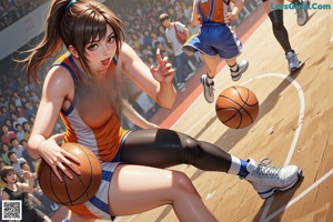 A girl in a blue and white uniform holding a basketball.