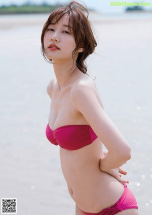 A collage of photos of a woman in a bikini and shorts.