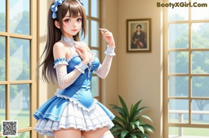 A woman in a blue and white dress posing for a picture.