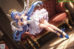 a woman with blue hair and a crown on her head
