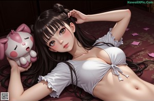 A naked woman holding a stuffed animal on her shoulder.