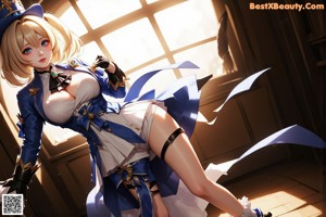 A woman in a blue and white outfit is posing for a picture.