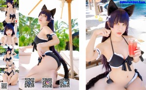 A woman with long black hair wearing a cat ears headband.
