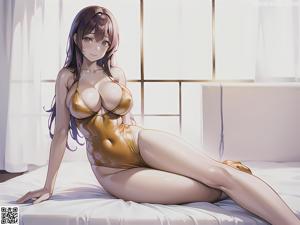 A woman in a white bathing suit sitting on a beach.