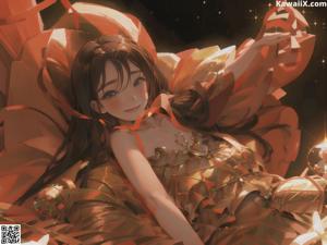 A woman sitting on a red couch under an umbrella.