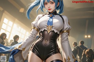 A woman with blue hair and a white dress is posing for a picture.