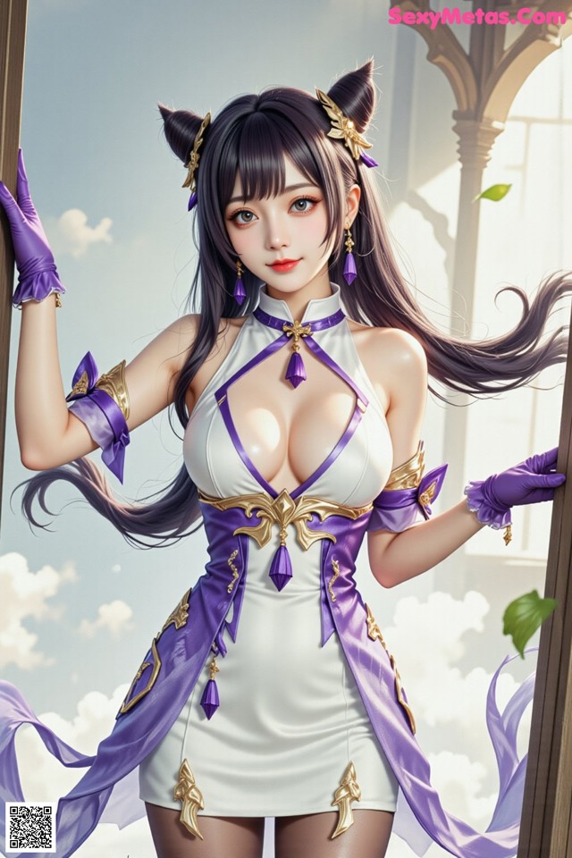 Hentai - Sovereign of Lightning in Exquisite Garb Set.1 20250125 Part 17 No.41d752 A woman in a white and purple dress and purple gloves.