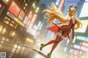 A woman in a red latex outfit standing in the middle of a city.