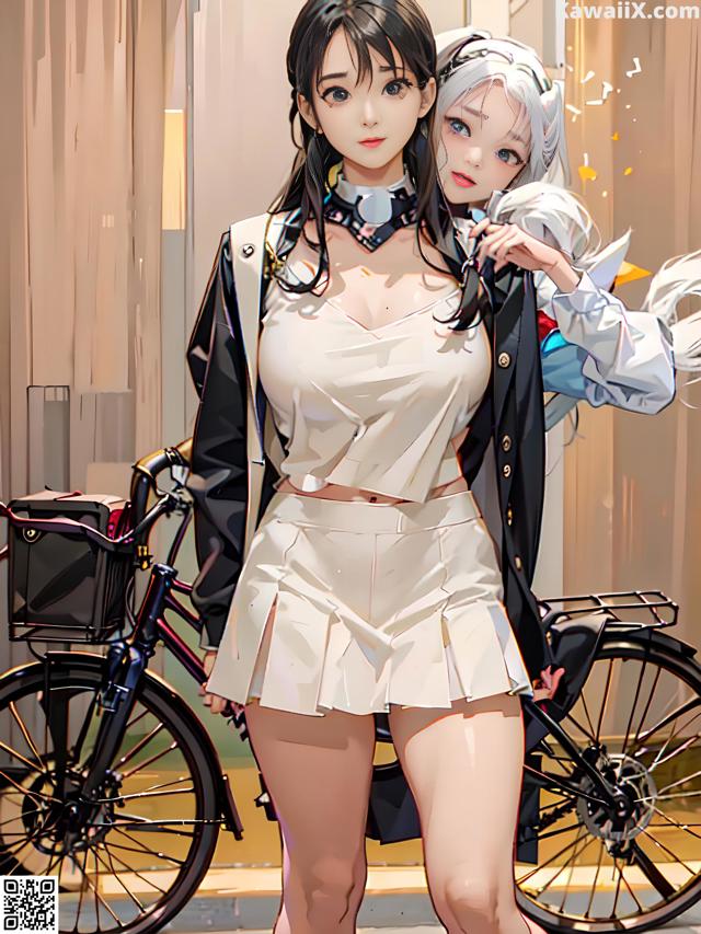 A couple of women standing next to each other near a bike.